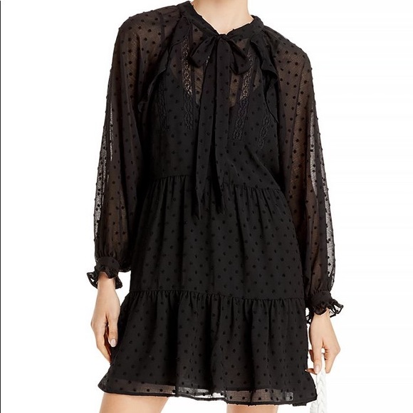Aqua NWT Ruffle Clip Dot Mini Dress Pussy Bow Bishop Sleeves V Neck Black New - Picture 13 of 13